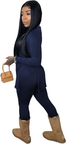 TOPSRANI Womens Casual Sweatsuits Tracksuit 2 Piece Outfits Solid Long Sleeve V Neck Split Lounge Matching Pants Set in Kuwait