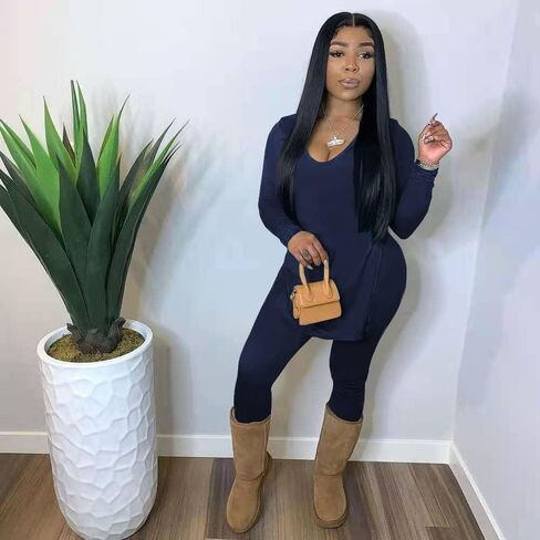 TOPSRANI Womens Casual Sweatsuits Tracksuit 2 Piece Outfits Solid Long Sleeve V Neck Split Lounge Matching Pants Set in Kuwait