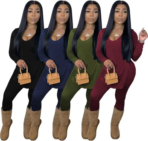TOPSRANI Womens Casual Sweatsuits Tracksuit 2 Piece Outfits Solid Long Sleeve V Neck Split Lounge Matching Pants Set in Kuwait