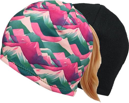 قبعة صغيرة من الصوف ذات وجهين للنساء مع فتحة ذيل حصان | قبعة المشي لمسافات طويلة مقاومة للرياح للطقس البارد in Kuwait