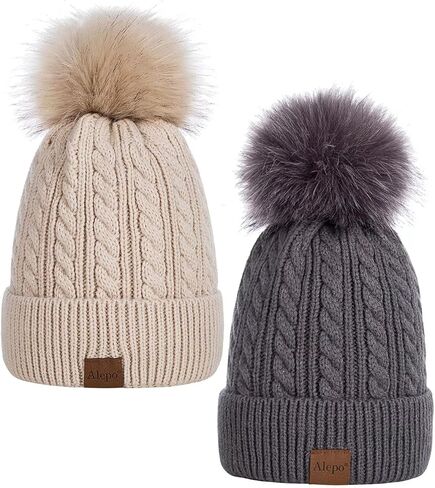 اليبو قبعات صغيرة للنساء، قبعة بوبل للنساء مع بطانة صوف محبوكة، قبعات شتوية دافئة للنساء قبعة ناعمة للتزلج مع كرات بوم بوم, One Size in Kuwait