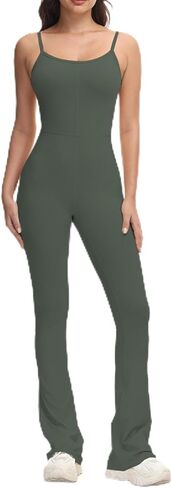 بذلة TTCM Flare للنساء، بدلة قفز ضيقة ذات أشرطة سباغيتي ورقبة واسعة، بدلة لعب Unitard كاجوال بطول كامل in Kuwait