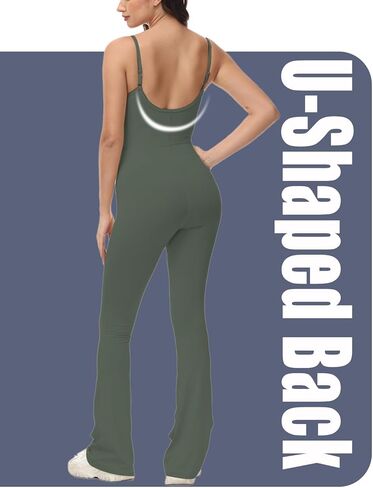 بذلة TTCM Flare للنساء، بدلة قفز ضيقة ذات أشرطة سباغيتي ورقبة واسعة، بدلة لعب Unitard كاجوال بطول كامل in Kuwait