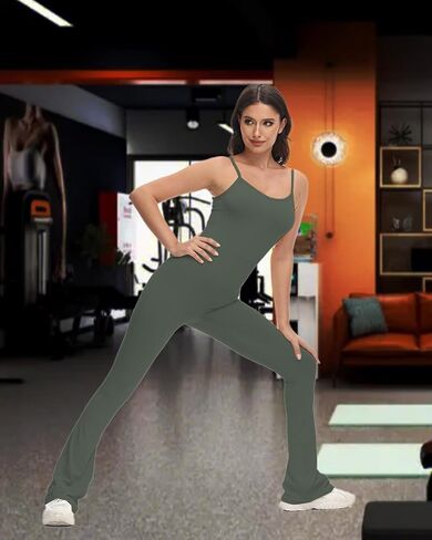 بذلة TTCM Flare للنساء، بدلة قفز ضيقة ذات أشرطة سباغيتي ورقبة واسعة، بدلة لعب Unitard كاجوال بطول كامل in Kuwait