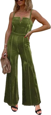 بذلة نسائية مخملية بدون أكمام وحزام سباغيتي قابل للتعديل قطعة واحدة بذلة واسعة الساق in Kuwait