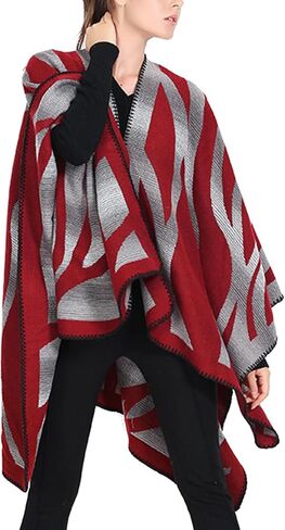 Women's Travel Plaid Shawl Wraps Open Front Poncho Cape Warm Oversized Sweaters Casual Cardigan Shawls for Fall Winter,Series 03-Gradient Red in Saudi Arabia