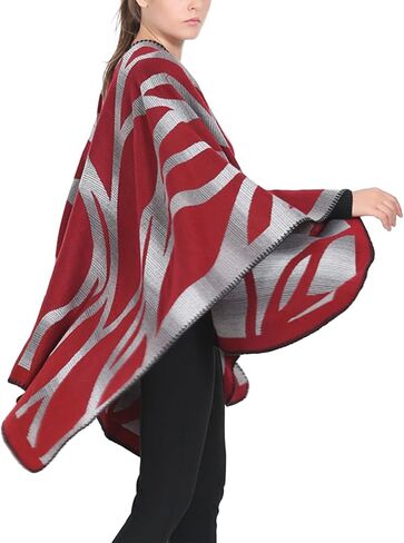 Women's Travel Plaid Shawl Wraps Open Front Poncho Cape Warm Oversized Sweaters Casual Cardigan Shawls for Fall Winter,Series 03-Gradient Red in Saudi Arabia