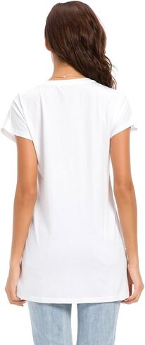 تي شيرت نسائي فضفاض بفتحة جانبية من LUSMAY، تونيك بأكمام قصيرة، كاجوال، أبيض، مقاس S in Kuwait