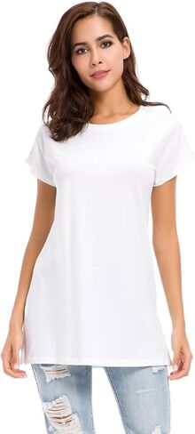 تي شيرت نسائي فضفاض بفتحة جانبية من LUSMAY، تونيك بأكمام قصيرة، كاجوال، أبيض، مقاس S in Kuwait