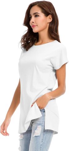 تي شيرت نسائي فضفاض بفتحة جانبية من LUSMAY، تونيك بأكمام قصيرة، كاجوال، أبيض، مقاس S in Kuwait