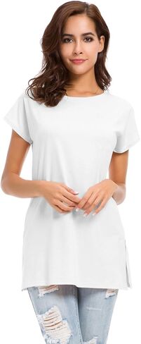 تي شيرت نسائي فضفاض بفتحة جانبية من LUSMAY، تونيك بأكمام قصيرة، كاجوال، أبيض، مقاس S in Kuwait