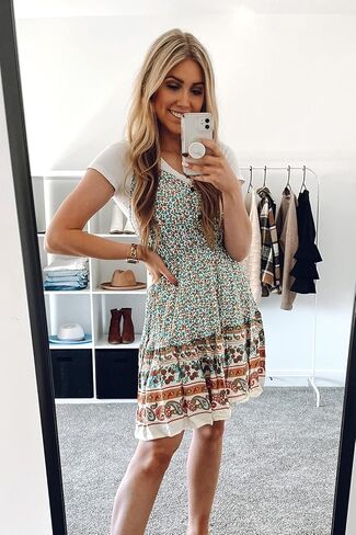 فستان نسائي قصير من PRETTYGARDEN برقبة على شكل حرف V وحزام سباغيتي وأزرار سفلية للصيف سوينغ مكشكش in Kuwait