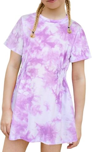 MODAFANS Girls Short Sleeve Smocked Ruched Waist Athletic Dress Tie Dye Playwear Skater Sport T Shirt Dress with Pockets in Kuwait