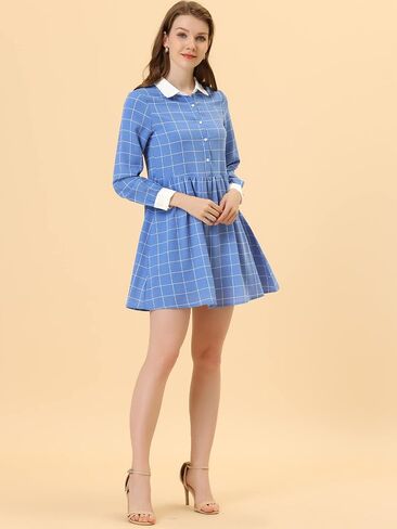 Allegra K Women's Casual Checks Grid Loose Contrast Collar Shift Mini Dress in Saudi Arabia
