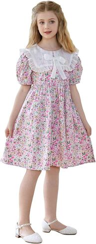 SMILING PINKER Little Girls Floral Dresses Organza Ruffle Peter Pan Collar Puff Sleeves Party Dress with Bowknot in Saudi Arabia