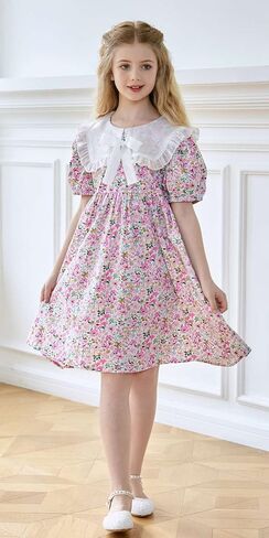 SMILING PINKER Little Girls Floral Dresses Organza Ruffle Peter Pan Collar Puff Sleeves Party Dress with Bowknot in Saudi Arabia