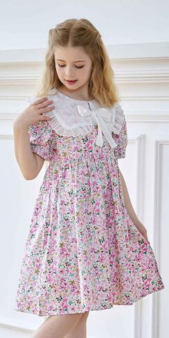 SMILING PINKER Little Girls Floral Dresses Organza Ruffle Peter Pan Collar Puff Sleeves Party Dress with Bowknot in Saudi Arabia