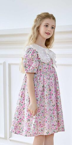 SMILING PINKER Little Girls Floral Dresses Organza Ruffle Peter Pan Collar Puff Sleeves Party Dress with Bowknot in Saudi Arabia