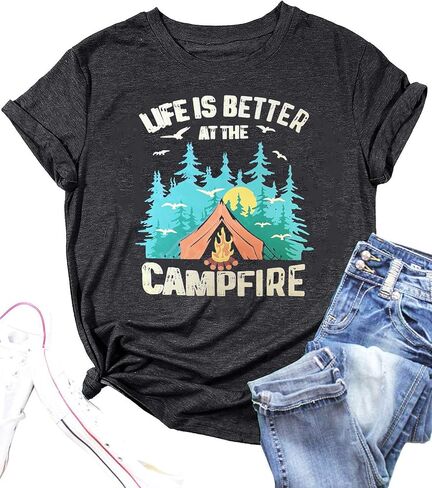Weekend Forecast Camping Shirts Women Happy Camping Tshirt Funny Letter Graphic Print Tee Shirts V Neck Casual Top Blouse in Saudi Arabia