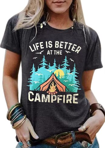 Weekend Forecast Camping Shirts Women Happy Camping Tshirt Funny Letter Graphic Print Tee Shirts V Neck Casual Top Blouse in Saudi Arabia