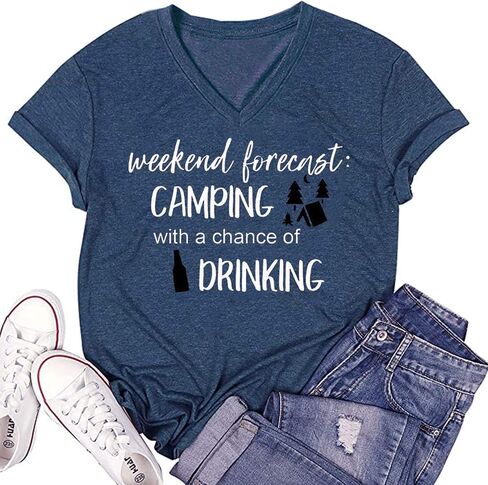 Weekend Forecast Camping Shirts Women Happy Camping Tshirt Funny Letter Graphic Print Tee Shirts V Neck Casual Top Blouse in Saudi Arabia
