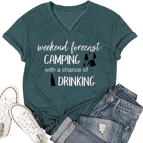 Weekend Forecast Camping Shirts Women Happy Camping Tshirt Funny Letter Graphic Print Tee Shirts V Neck Casual Top Blouse in Saudi Arabia
