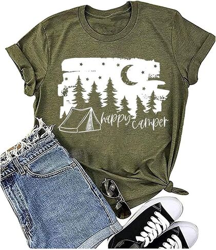 Weekend Forecast Camping Shirts Women Happy Camping Tshirt Funny Letter Graphic Print Tee Shirts V Neck Casual Top Blouse in Saudi Arabia