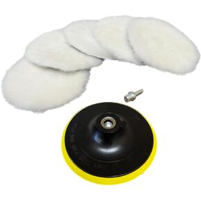 Lambswool Polishing Pads Sheepskin Buffing Pads, 7 Piece Set. Includes 5 Lambs Wool Cutting Pads with Hook, 1 Backing Plate and 1 Drill Attachment - Wool Buffs (3 Inch)