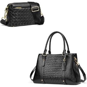 Kattee Soft Genuine Leather Satchel Bags for Women Bundle with Small Woven Women Crossbody Bags