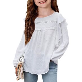 Girls Long Sleeve Shirts Casual Loose Fit Shirt Ruffled Sleeve Solid Swiss Point Blouse Tops Shirt