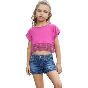 Perfashion Girl's Fringe Hem Short Sleeve Crop Tops Round Neck T Shirt Solid Tee for 4-13 Years