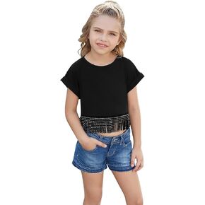 Perfashion Girl's Fringe Hem Short Sleeve Crop Tops Round Neck T Shirt Solid Tee for 4-13 Years