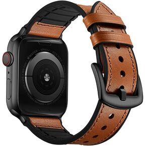 Compatible With Apple Watch Band 38mm, 40mm, 41mm, 42mm 44mm, 45mm, 49mm, Sweatproof Genuine Leather and Rubber Hybrid Strap For iWatch Series Ultra, 9, 8, 7, 6, 5, 4, 3, 2, Sport Edition
