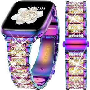 XYF Compatible for Apple Watch Bands Butterfly Clasp 45mm/44mm/42mm/49mm 41mm/40mm/38mm, Women Bling Diamond Rhinestone Stainless Metal Upgraded Straps for iWatch Series 9 8 7 6/SE 5 4 3 2 1 Ultra