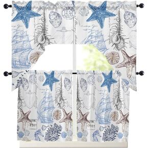 Swag Valances Window for Kitchen 3PCS, Nautical Theme Marine Sail Boat Beach Starfish Shell Seashell Pole Pocket 1 Swag Valance and 2 Tiers Small Treatment Curtain Panel Set for Cafe Bathroom