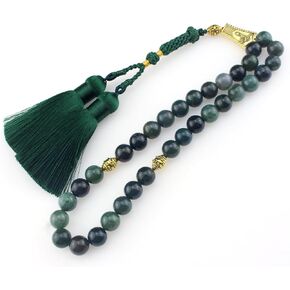 Tasbih Tesbih Islamic 33 Prayer Beads, Muslim Islam Subha Sebha Worry Beads, Misbaha Masbaha Tasbeeh Sibha Beads, Allah Mohammed Ramadan Rosary, moss agate Natural stone Beads Handmade