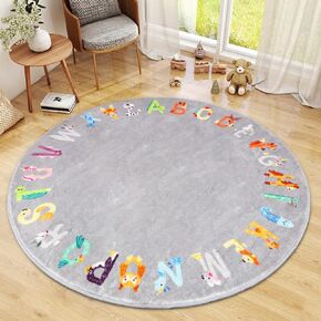 Round ABC Kids Rug,4 ft Animal Alphabet Playroom Rug,Washable Non-Slip Cute Nursery Rug for Kids Room,Educational Kids Play Rug Classroom Rug for Playroom Kids Room Bedroom Decor