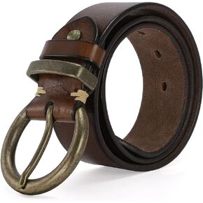Women's 1.5" Wide Leather Belt with Large Brass Buckle - Trendy Vintage Style for Jeans and Pants