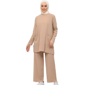 Women's Muslim Long Sleeve Tunic and Pant Set with Pocket Details 2 Piece Sets Casual Blouse and Pant Dress