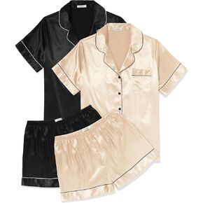 Ekouaer 2 Pack Womens Pajama Sets Silk Satin Short Sleeve Button Down Sleepwear Top and Shorts Pjs Lounge Set S-XXL