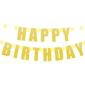 Gold Glitter Happy Birthday Banner,10 Feet Star String Lights Warm White,DIY Birthday Decorations for Women Men Boy Girls Party Sign Home Office Decor