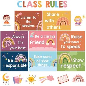 36Pcs Classroom Rules Posters Boho Rainbow Class Rules Bulletin Board with Glue Points Motivational Educational Behavior Wall Signs Good Habits Banner for Back to School Party Home