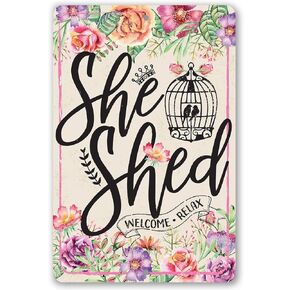 She Shed Sign - Colorful Pink Floral Garden Sign, Plants Outdoor Decoration and Lawn Yard and Garden Display, She Shed Decor and Great Gift for Her, 8x12 Indoors or Outdoors Durable Metal Sign