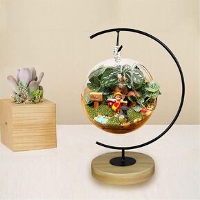 Ornament Display Stand Iron Pothook Stand for Hanging Glass Globe Air Plant Ornament Stand Iron Pothook Stand Terrarium and Christmas Decoration with Wood Base (Round Wood)