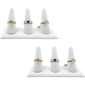 N'ice Packaging 2-Pack White Leatherette, Triple Finger (5"x2"x2.25"H) Showcase Finger Ring Display Finger Multi-Ring Jewelry Stand