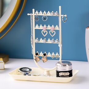 Jewelry Rack, Jewelry Organizer Stand, Earring Rack with 24 Earring Holes and Bottom Storage Tray, Jewelry Storage for Necklace, Bracelets, Earrings, Rings, Watches (Beige)