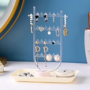 Jewelry Rack, Jewelry Organizer Stand, Earring Rack with 24 Earring Holes and Bottom Storage Tray, Jewelry Storage for Necklace, Bracelets, Earrings, Rings, Watches (Beige)