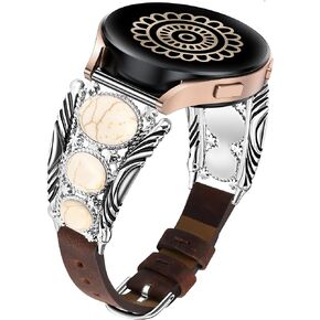Minyee Compatible with Samsung Galaxy Watch 6/5/4/Active 2 40mm 44mm/Watch 5 Pro 45mm/Watch 6 Classic/Watch 3 41mm Band Women, Leather Turquoise Vintage Boho Ethnic Antique Jewelry Style Strap