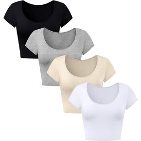 4 Pcs Women's Short Sleeve Crop Tops, Basic Scoop Neck Shirts Slim Fit Stretchy Tops Workout Tee Shirts for Women