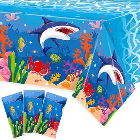 BeYumi 3Pcs Under The Sea Party Tablecloths Ocean Waves Disposable Plastic Waterproof Rectangular Blue Table Covers Ocean Animal Underwater Beach Pool Birthday Party Decorations Baby Shower Supplies